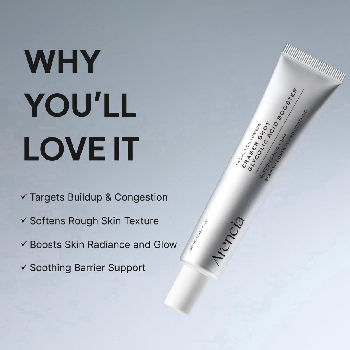 Arencia Eraser Shot Serum Glycolic Acid Booster with AHA BHA, Exfoliating Face Serum for Pore Care & Texture Refining, L