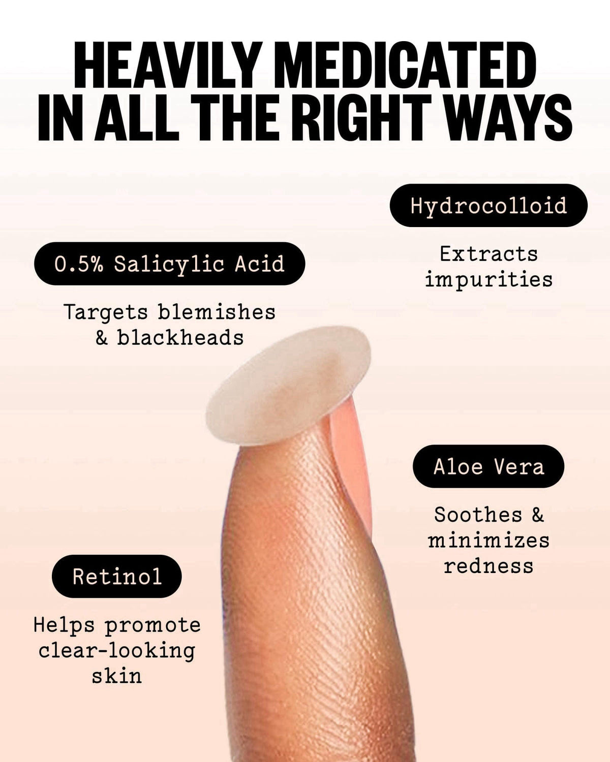 PEACE OUT Acne Healing Dots Medicated Hydrocolloid Pimple Patches (40 ct) – back view and specifications