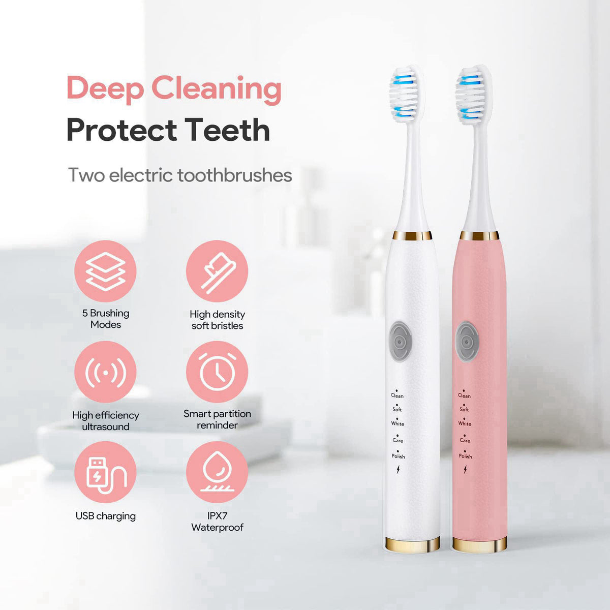 Dnil 2-Pack Rechargeable Sonic Toothbrush for Adults, Long-Lasting Battery Operated, 35,000 VPM Fast Brushing, Includes 