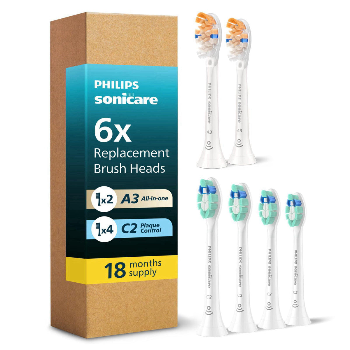 Philips Sonicare Replacement Brush Heads, 6-Pack, 18 Month Supply, White – product photo (Toothbrush Replacement Heads)