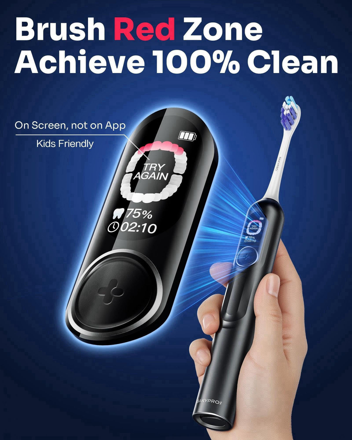 SAKYPRORAL AI Electric Toothbrush for Adults and Kids (Black-6p) – back view and specifications
