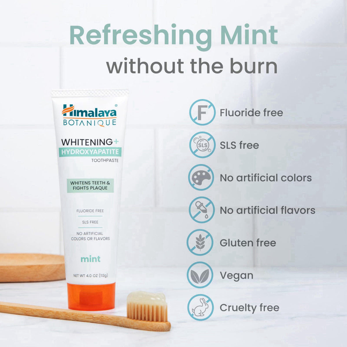 Himalaya Botanique Whitening+ Nano Hydroxyapatite Toothpaste, Mint, 4-Pack – back view and specifications
