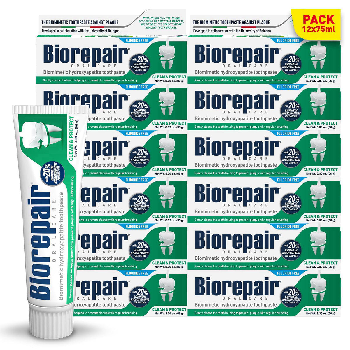 BIOREPAIR Clean & Protect - 20% Hydroxyapatite Toothpaste, 3.39 Oz x12 – Fluoride Free, Gluten Free, Lactose Free