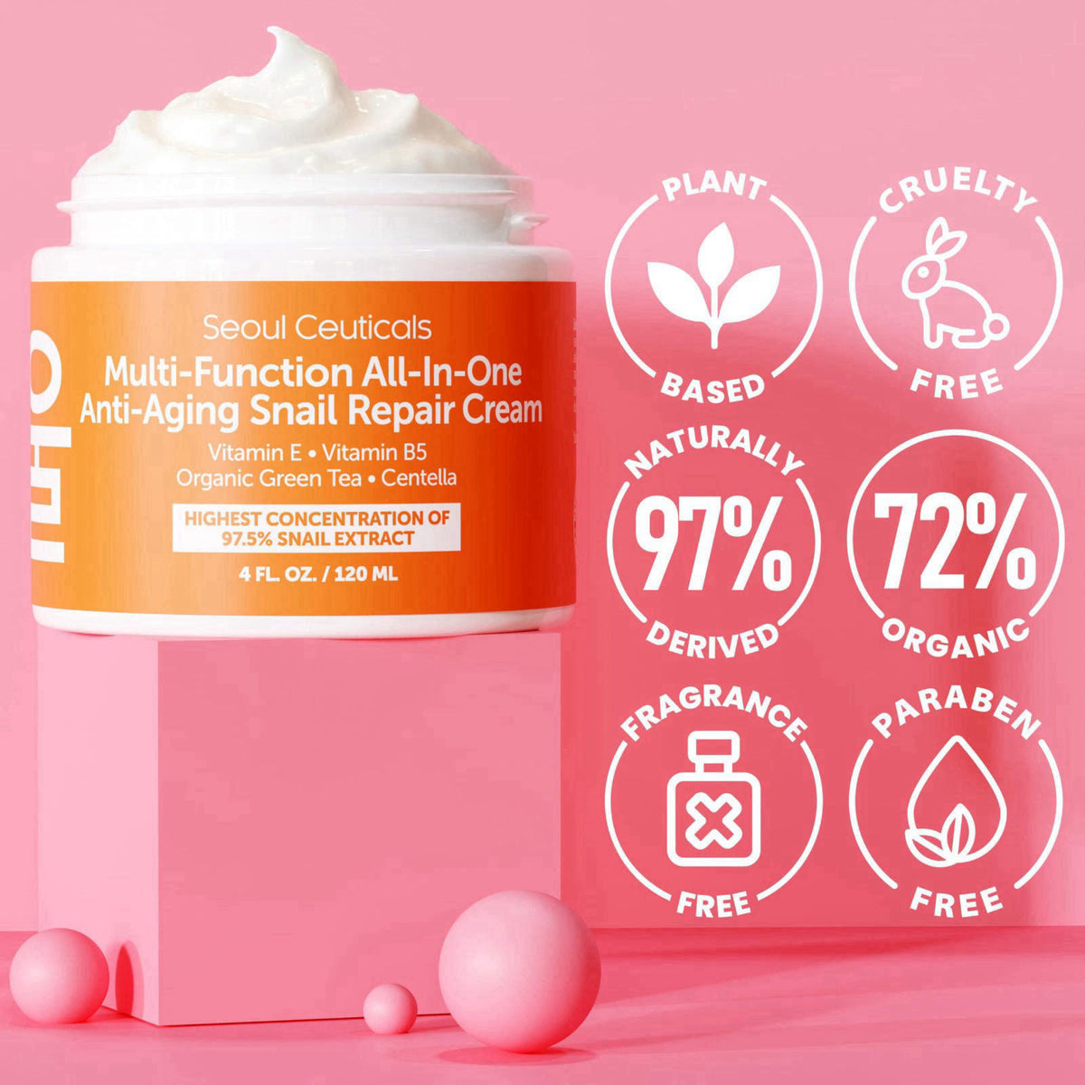 SeoulCeuticals 97% Snail Mucin Korean Face Moisturizer Skin Care Cream 4oz – back view and specifications