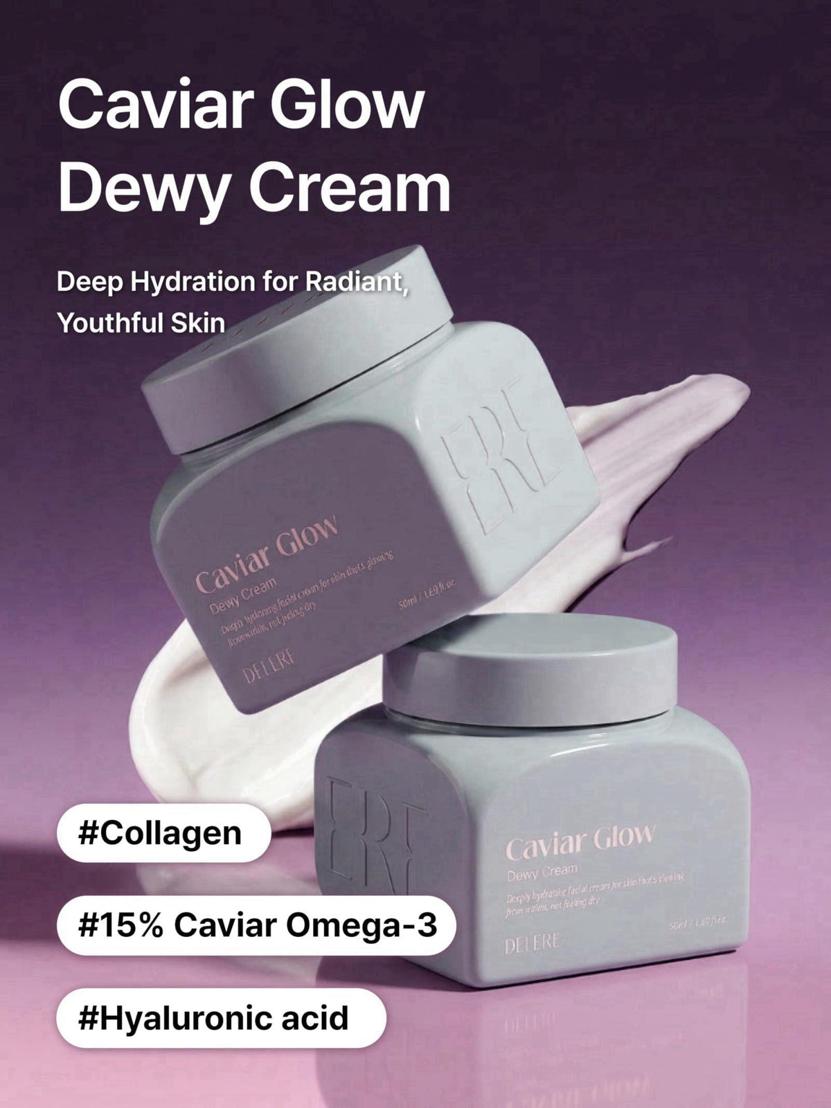 Delere Caviar Glow Dewy Cream, korean face moisturizer, Anti-Aging Skin Cream – packaging and label