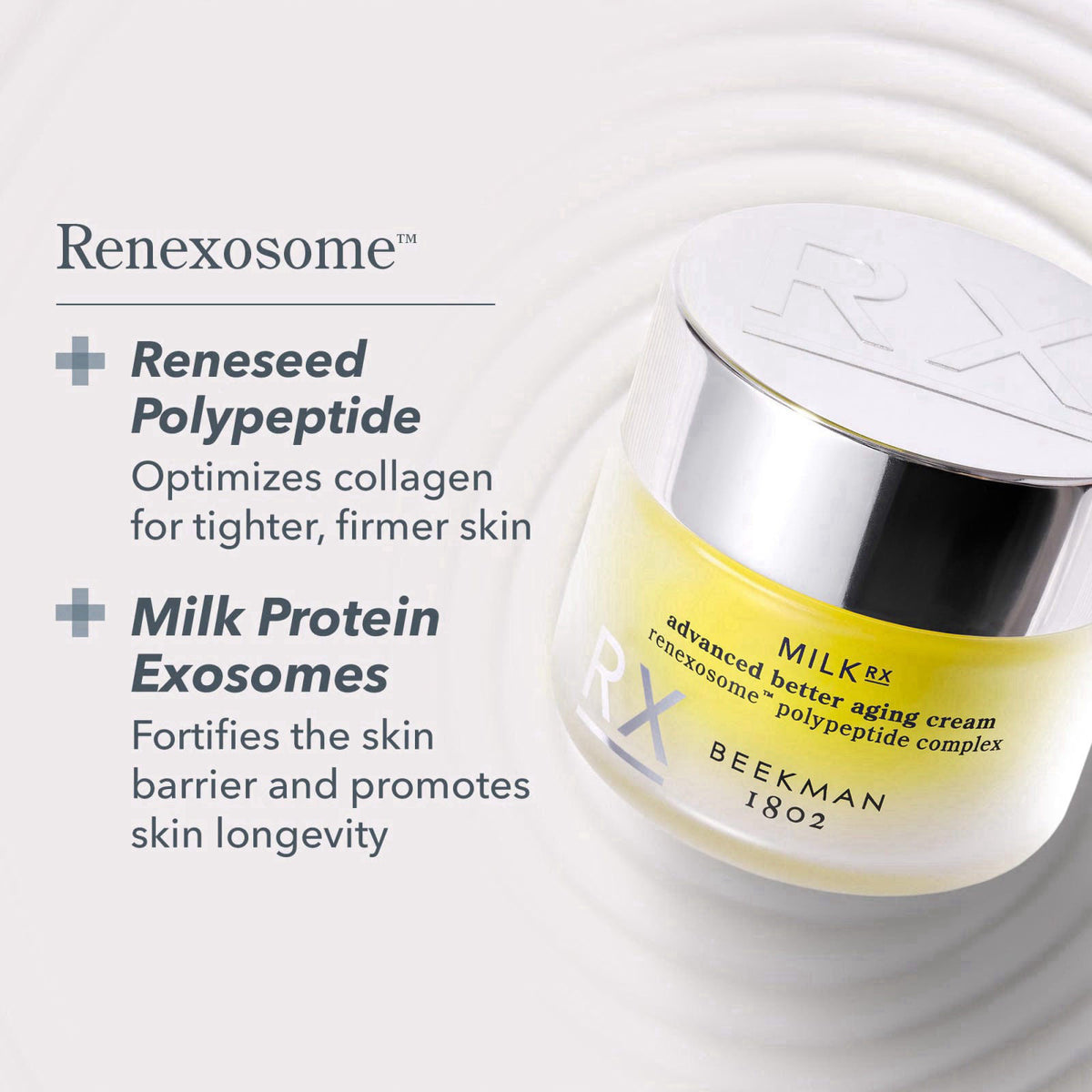 Beekman 1802 Milk RX Advanced Better Aging Face Cream, 1.69 fl oz – back view and specifications