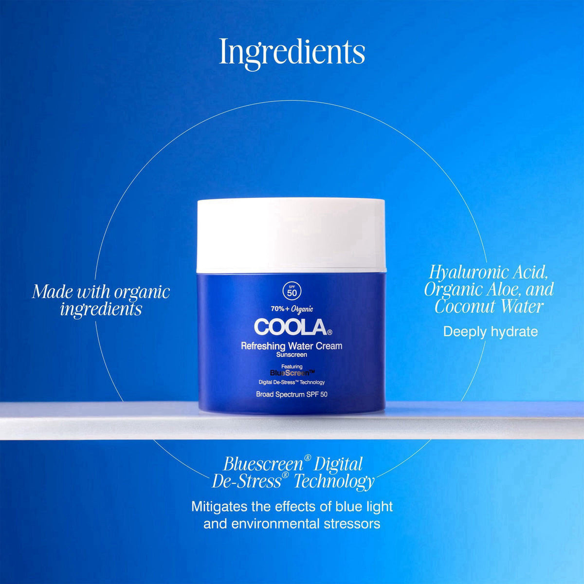 COOLA Refreshing Water Cream SPF 50, Hydrating Face Sunscreen, 1.5 oz – back view and specifications