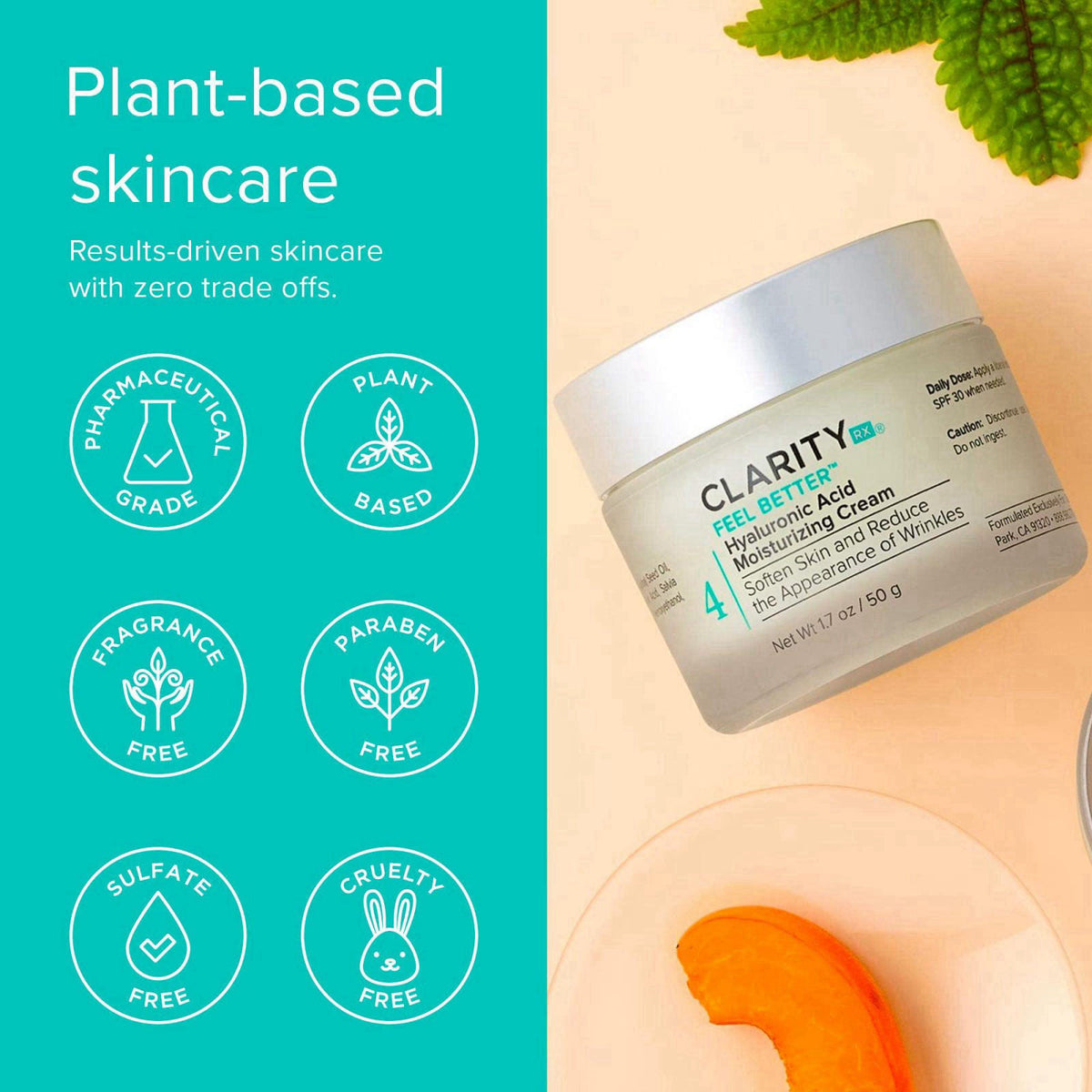 ClarityRx Feel Better Hyaluronic Acid Face Moisturizer, Natural Plant-Based Moisturizing Cream with Jojoba Oil & Hyaluro