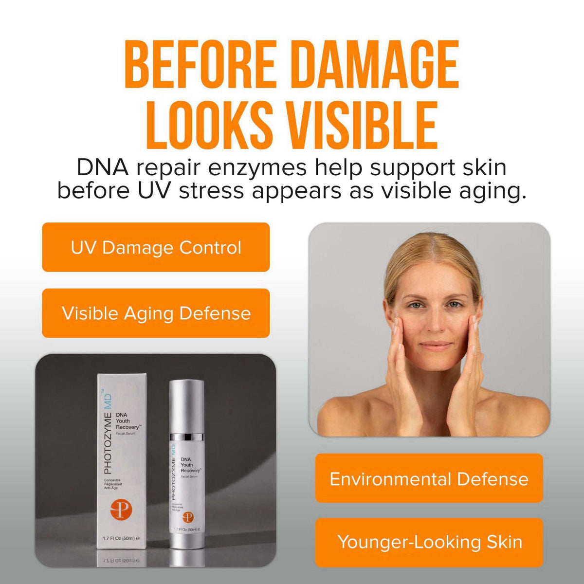 Photozyme DNA Youth Recovery Facial Serum | 1.7 Fl Oz – packaging and label