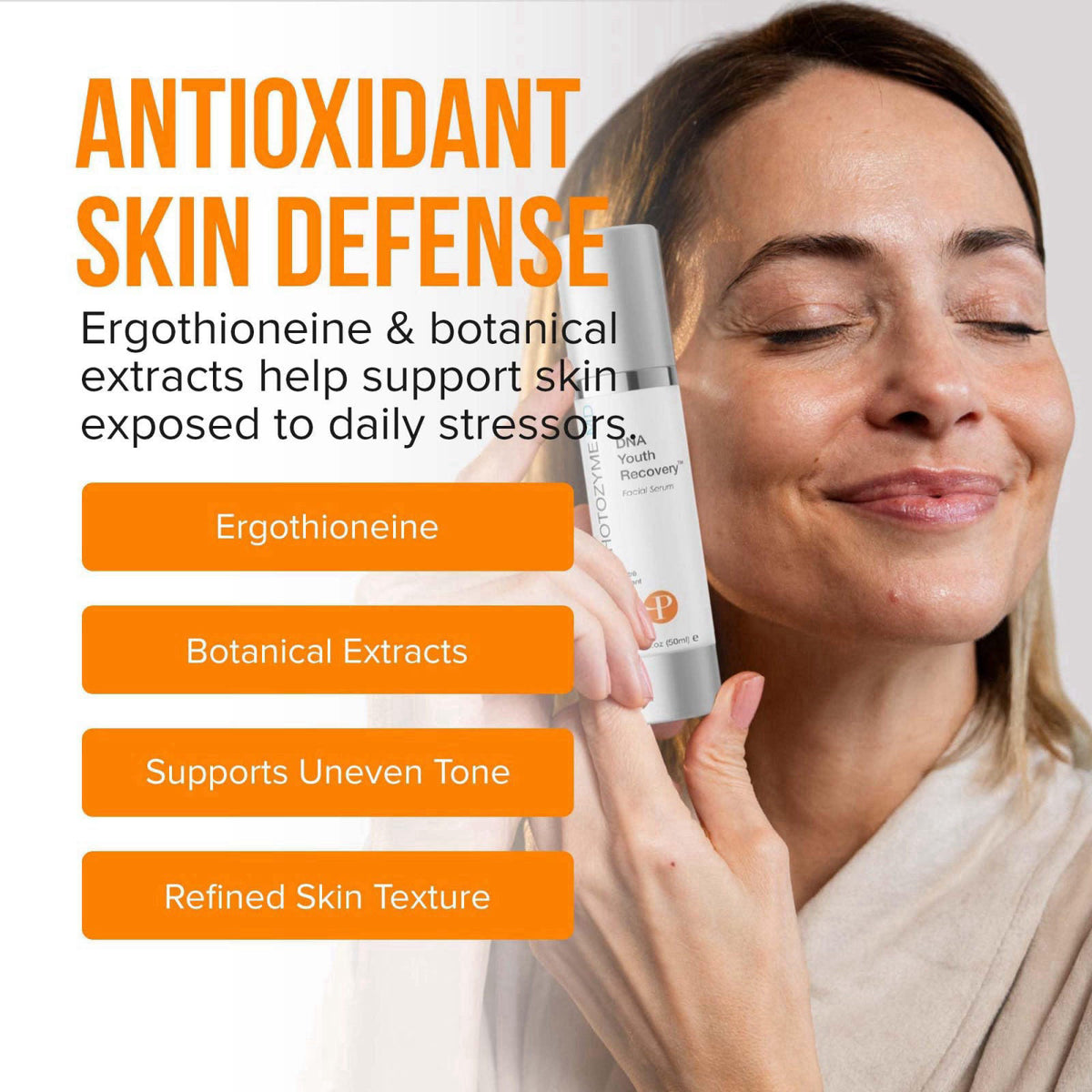 Photozyme DNA Youth Recovery Facial Serum | 1.7 Fl Oz – back view and specifications