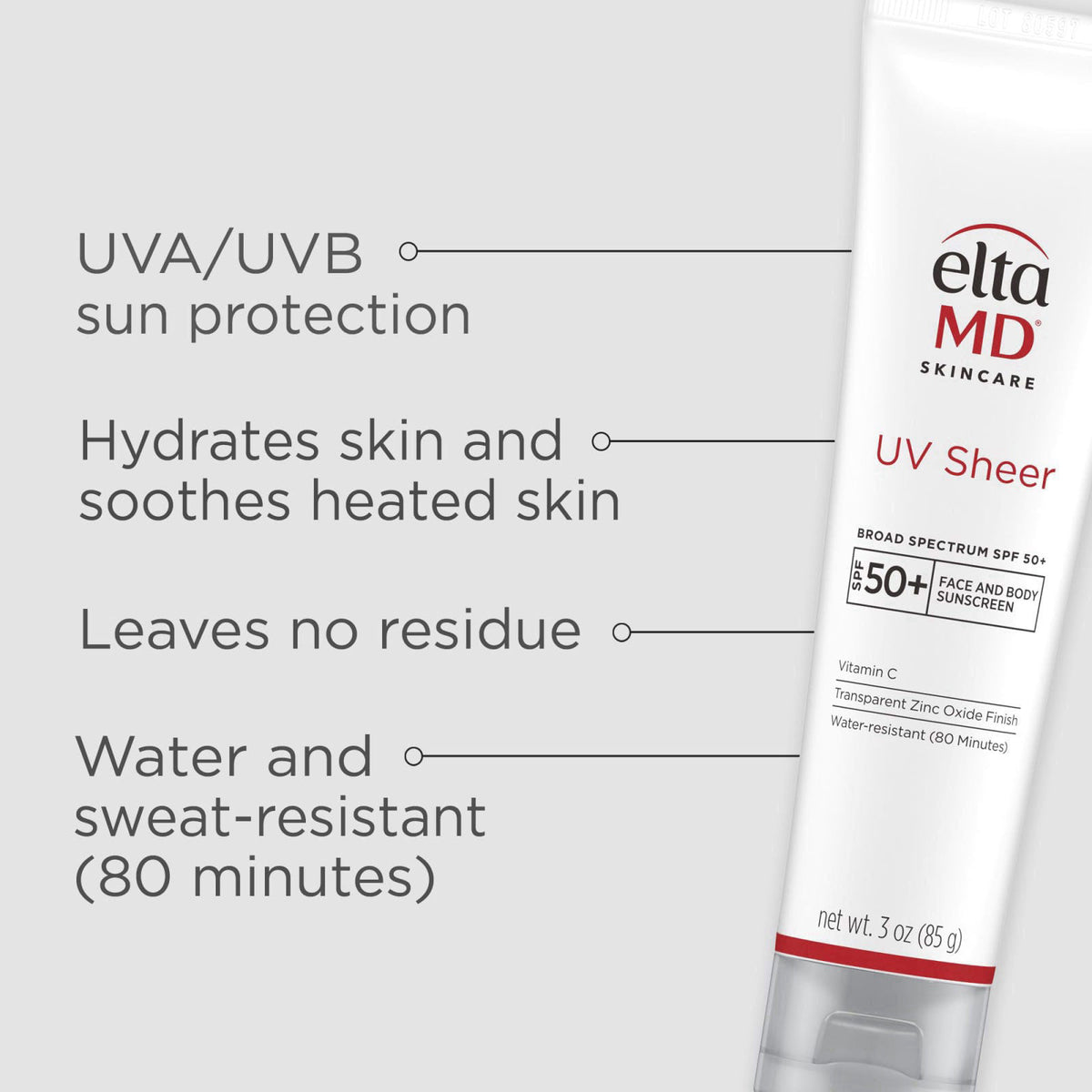 EltaMD UV Sheer Face and Body Sunscreen with Zinc Oxide, SPF 50+, 3 oz – packaging and label