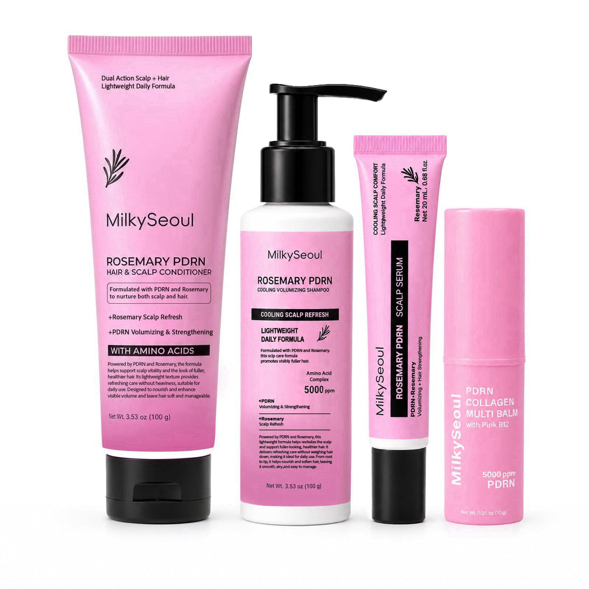 MilkySeoul Rosemary PDRN Hair Care Set with PDRN Pink Collagen Stick, 4-Piece Shampoo Conditioner Cooling Scalp Serum & 