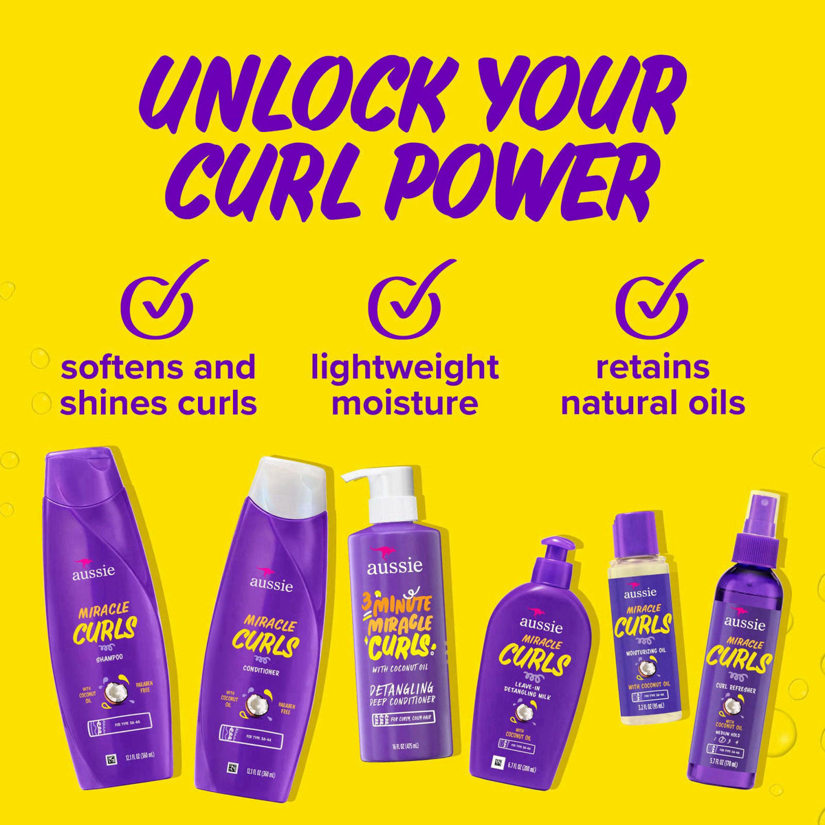 Aussie Miracle Curls: Shampoo, Conditioner, Deep Conditioner, Refresher Gel, Detangling Milk, Oil Treatment 6-Piece Set 