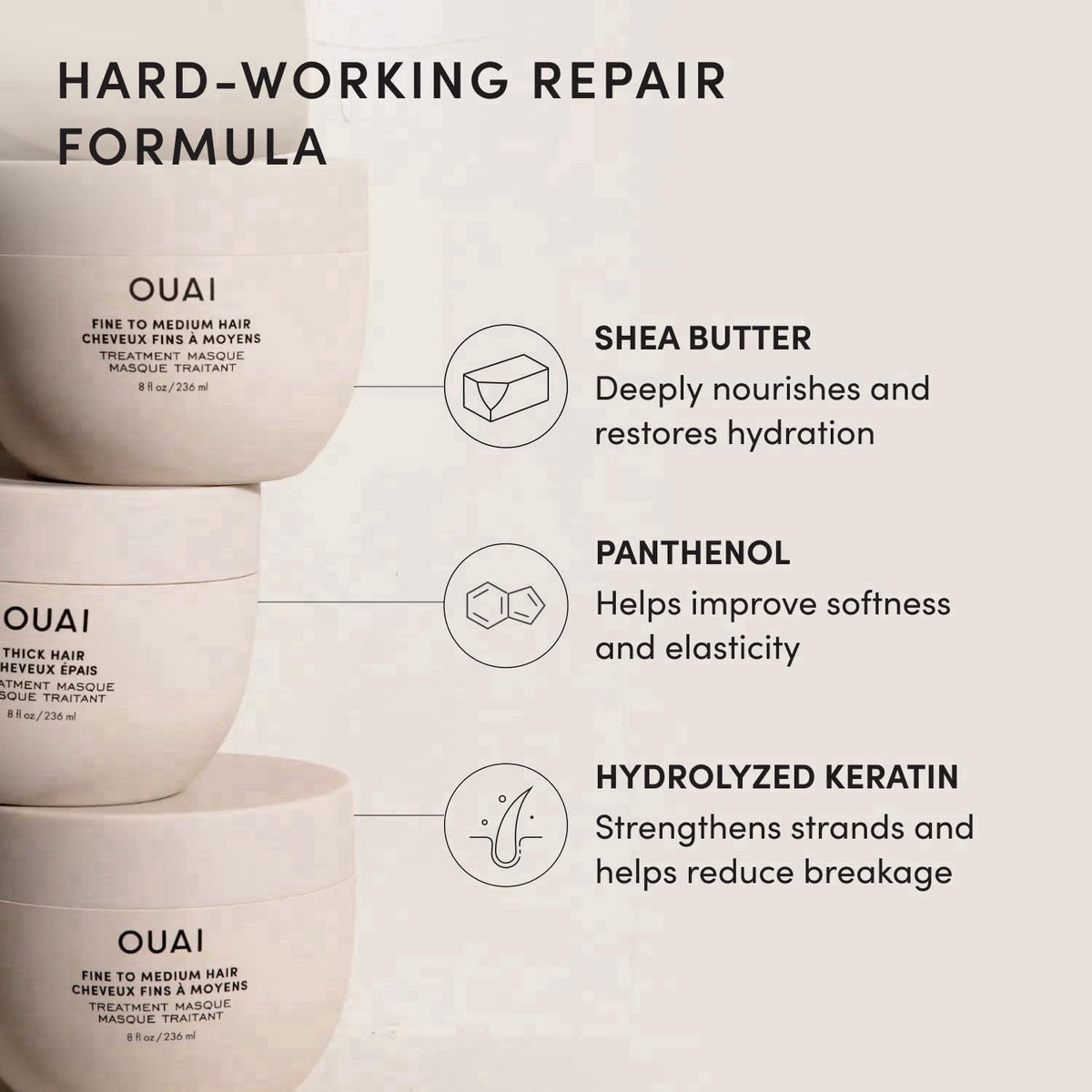 OUAI Lightweight Hydrating Hair Mask for Fine to Medium Hair, 8 oz – back view and specifications