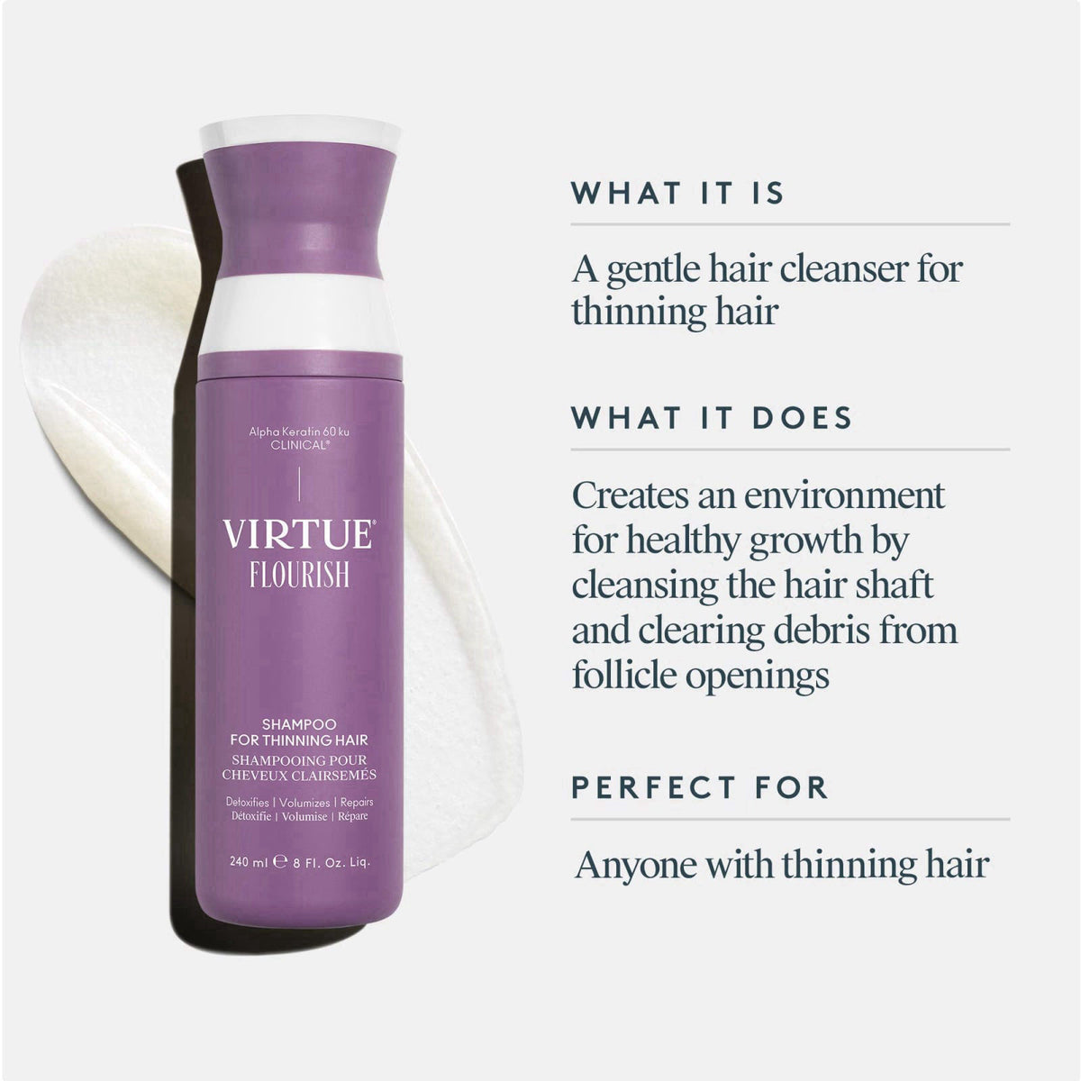 VIRTUE Flourish Sulfate Free Shampoo for Thinning Hair, Volumizing Hair Growth Product, Detoxifies and Repairs, Color Sa