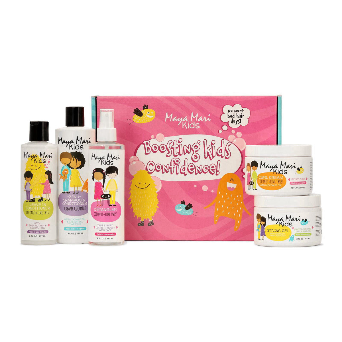 MAYA MARI Kids Hair Care Set, 5 Piece Kit for Ages 2-13, 2-in-1 Shampoo and Conditioner, Detangler Spray, Leave-In Condi