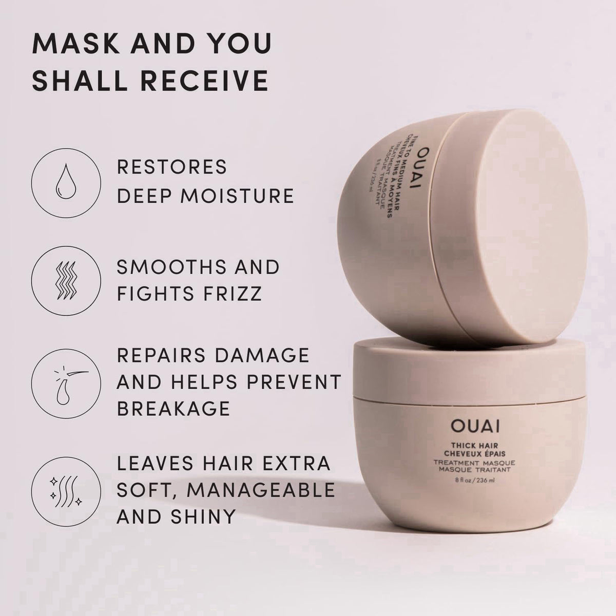 OUAI Thick Hair Mask for Dry Damaged Hair, Rich Deep Conditioner, 8 oz – full view