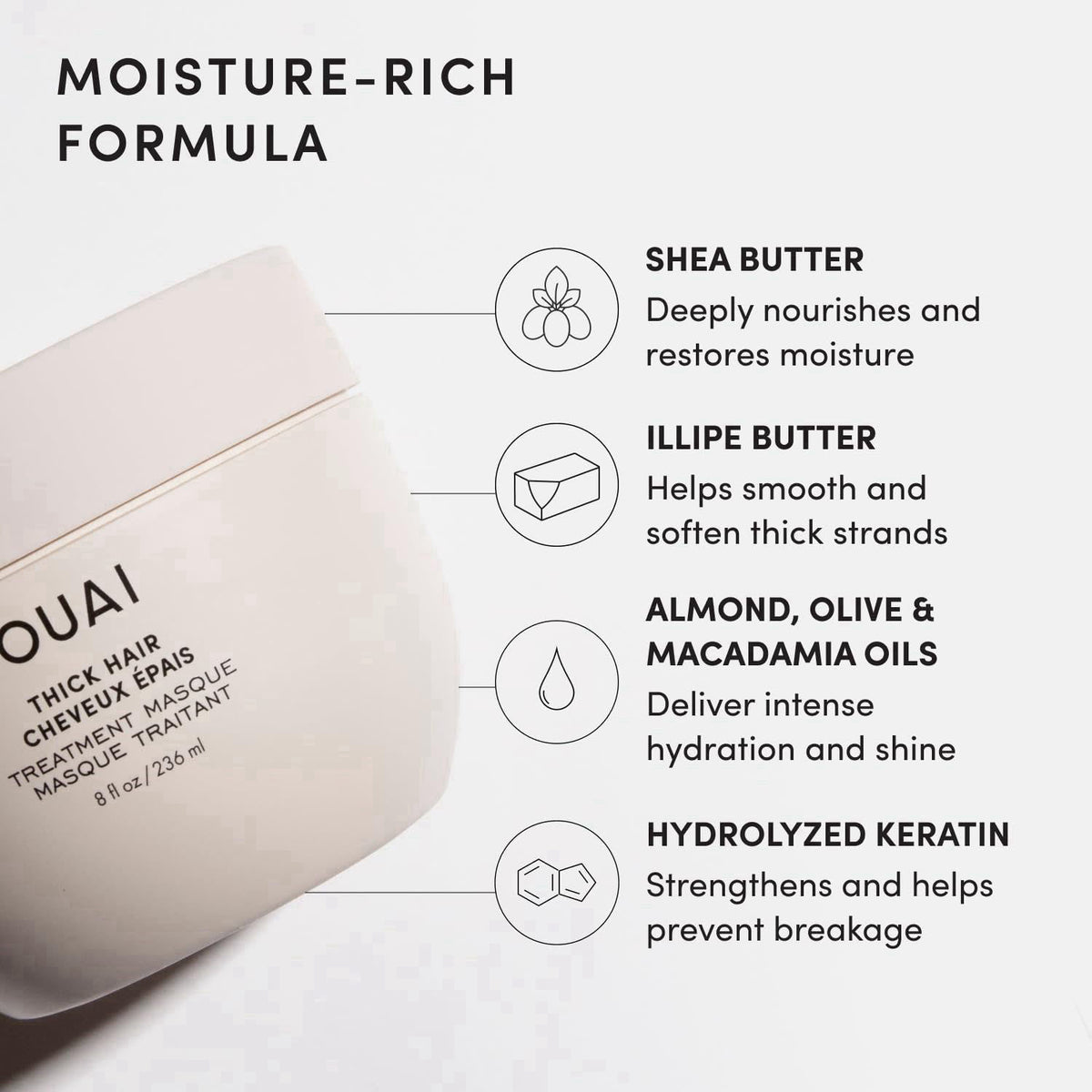 OUAI Thick Hair Mask for Dry Damaged Hair, Rich Deep Conditioner, 8 oz – back view and specifications