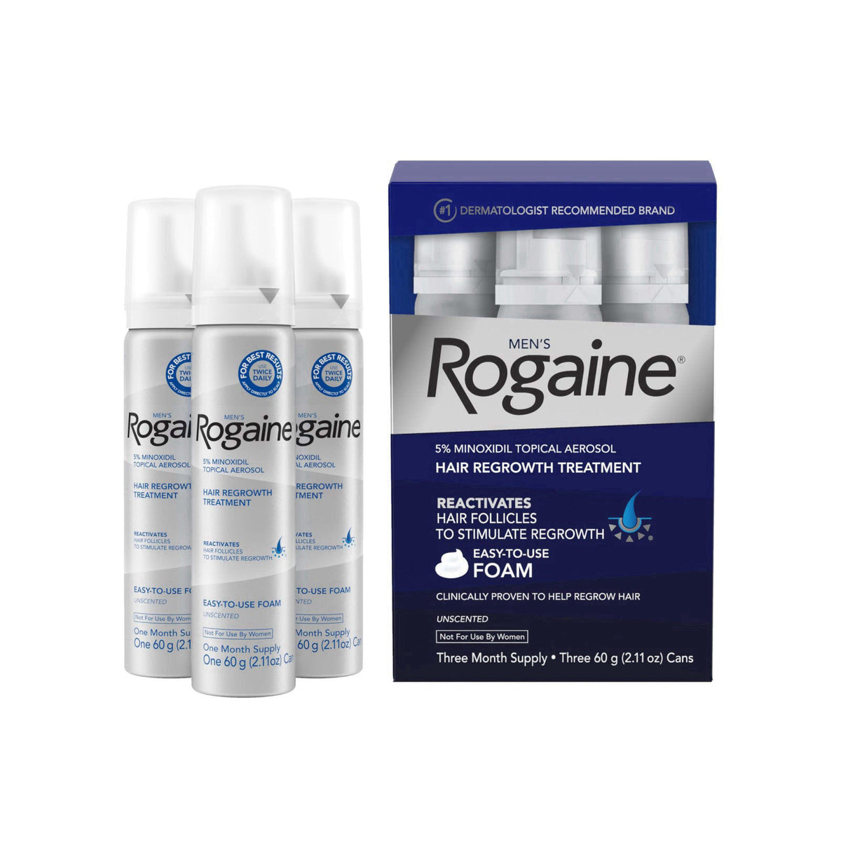 Men's Rogaine 5% Minoxidil Topical Foam, Unscented, 3 x 2.11 oz – product photo (Hair Regrowth Treatments)