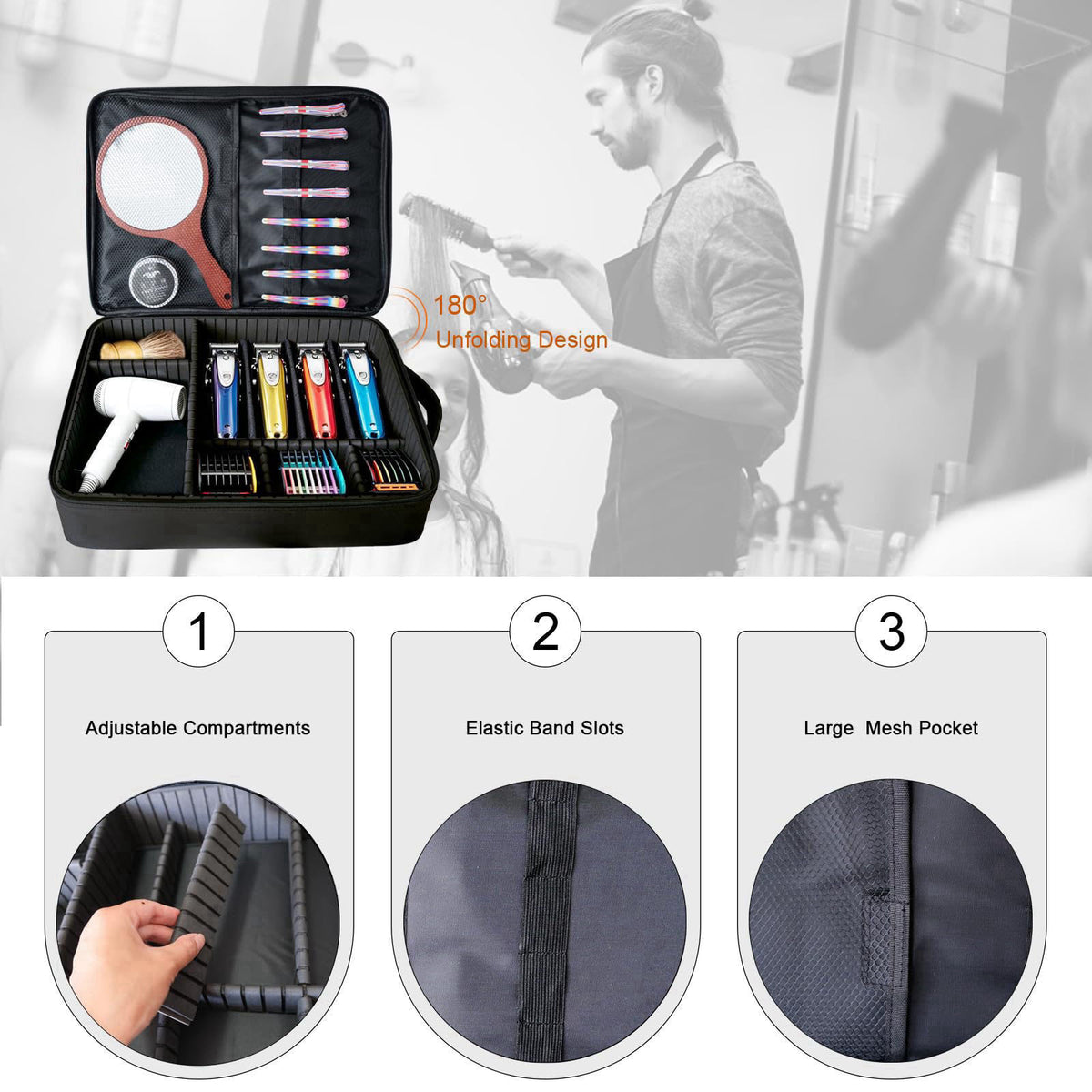 TrimTrunnk Professional Barber Supplies Backpack – back view and specifications