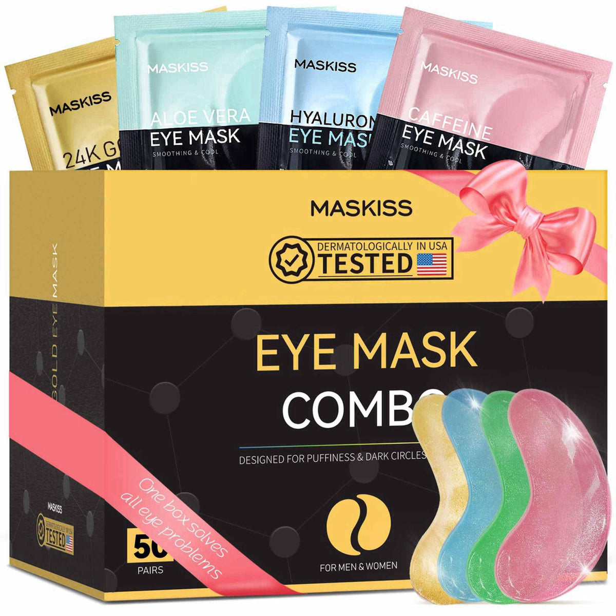 Maskiss Under Eye Patches(50 Pairs), 24K Gold, Caffeine, Hyaluronic Acid, Aloe Vera Eye Masks for Dark Circles Puffy Eye