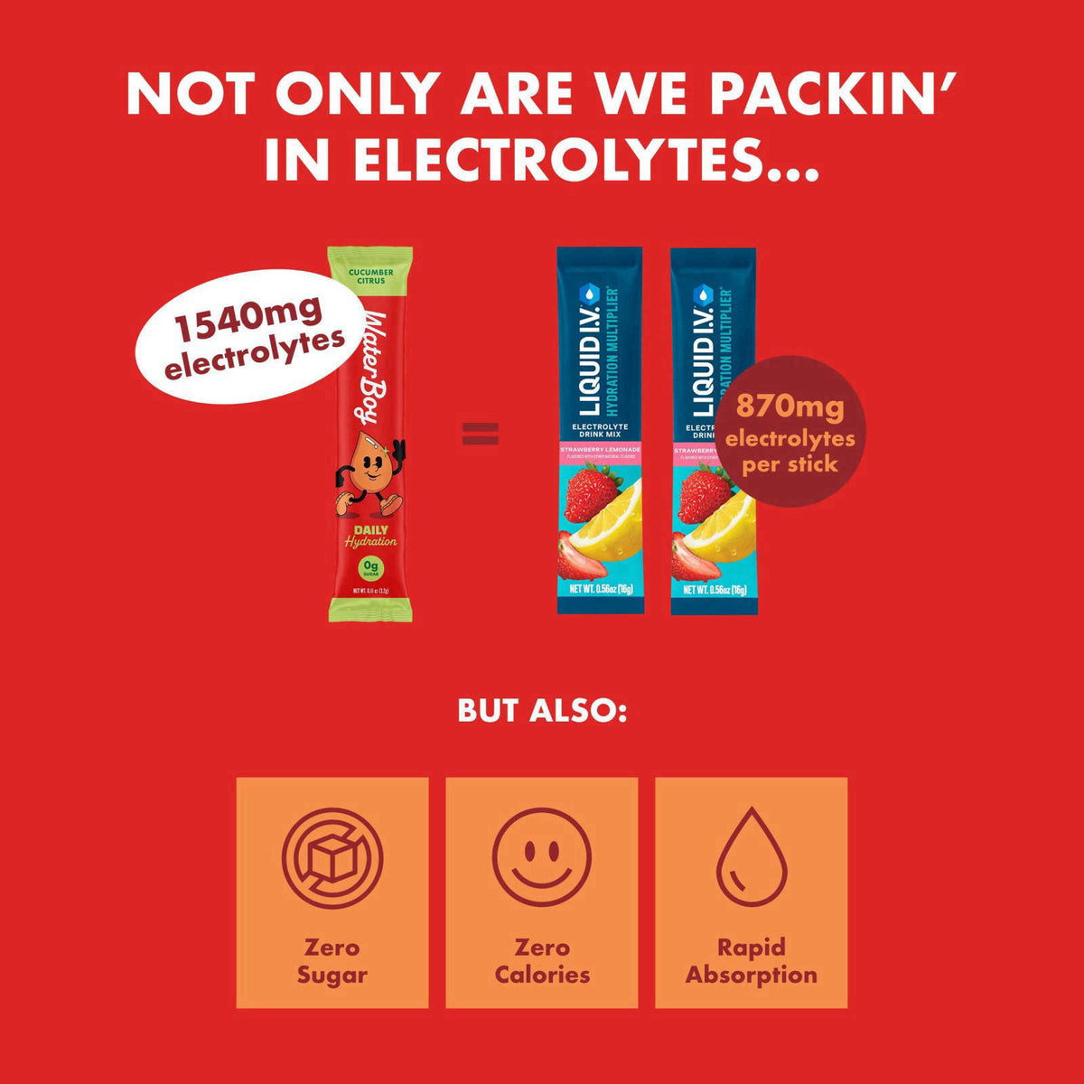 WaterBoy Daily Hydration, Sugar Free Electrolytes (Strawberry Lemonade (15ct)) – back view and specifications