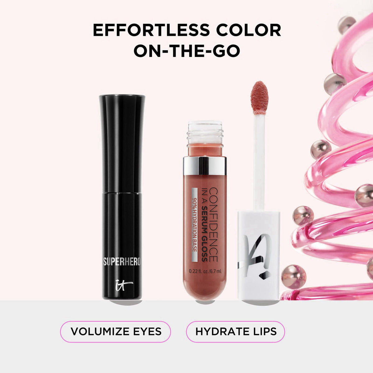 IT Cosmetics Superhero Elastic Stretch Volumizing + Lengthening Mascara – close-up detail in [SET] Black Mascara + Lipgl