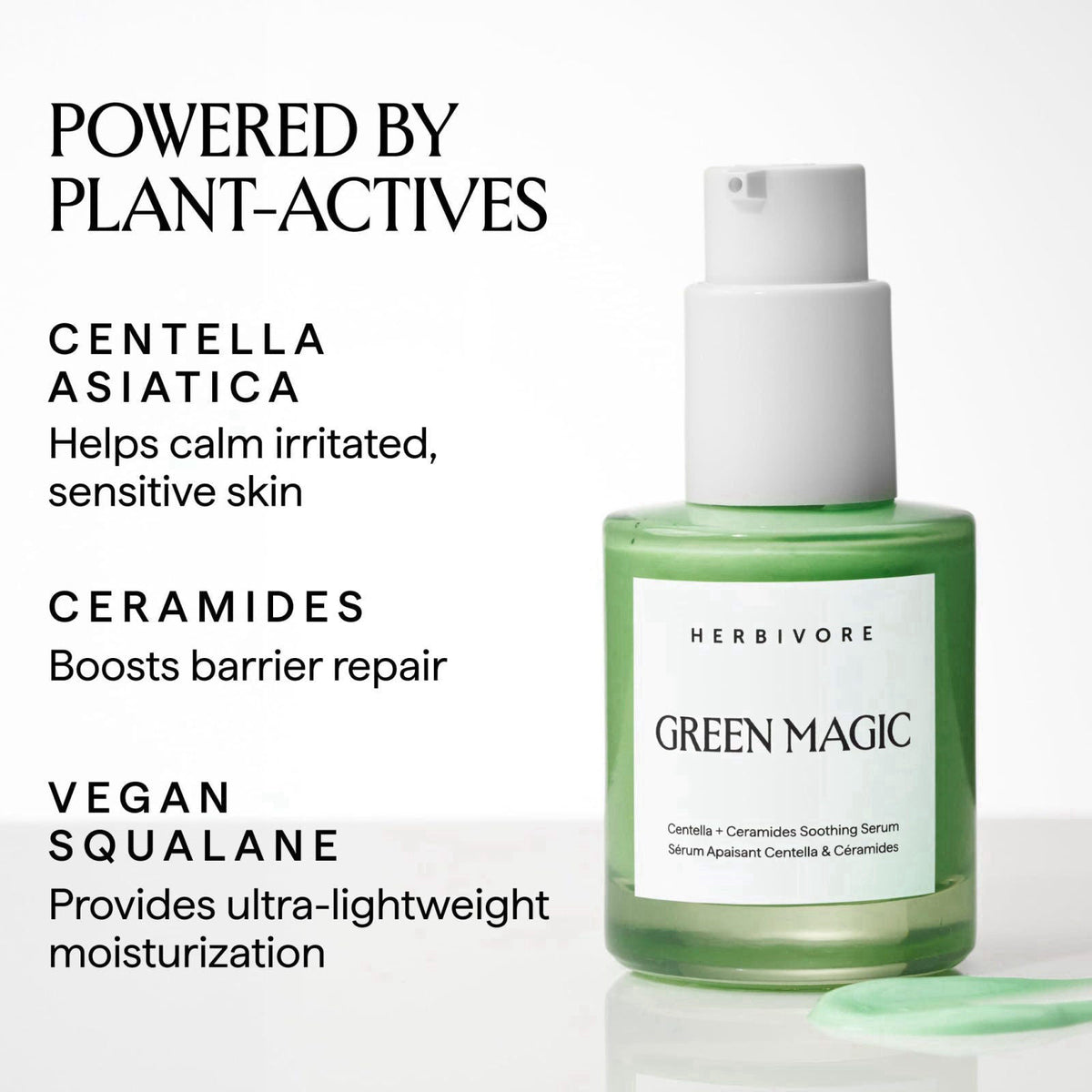 HERBIVORE Green Magic Face Serum | Redness Reducing, Cica + Ceremides, 1 oz – packaging and label