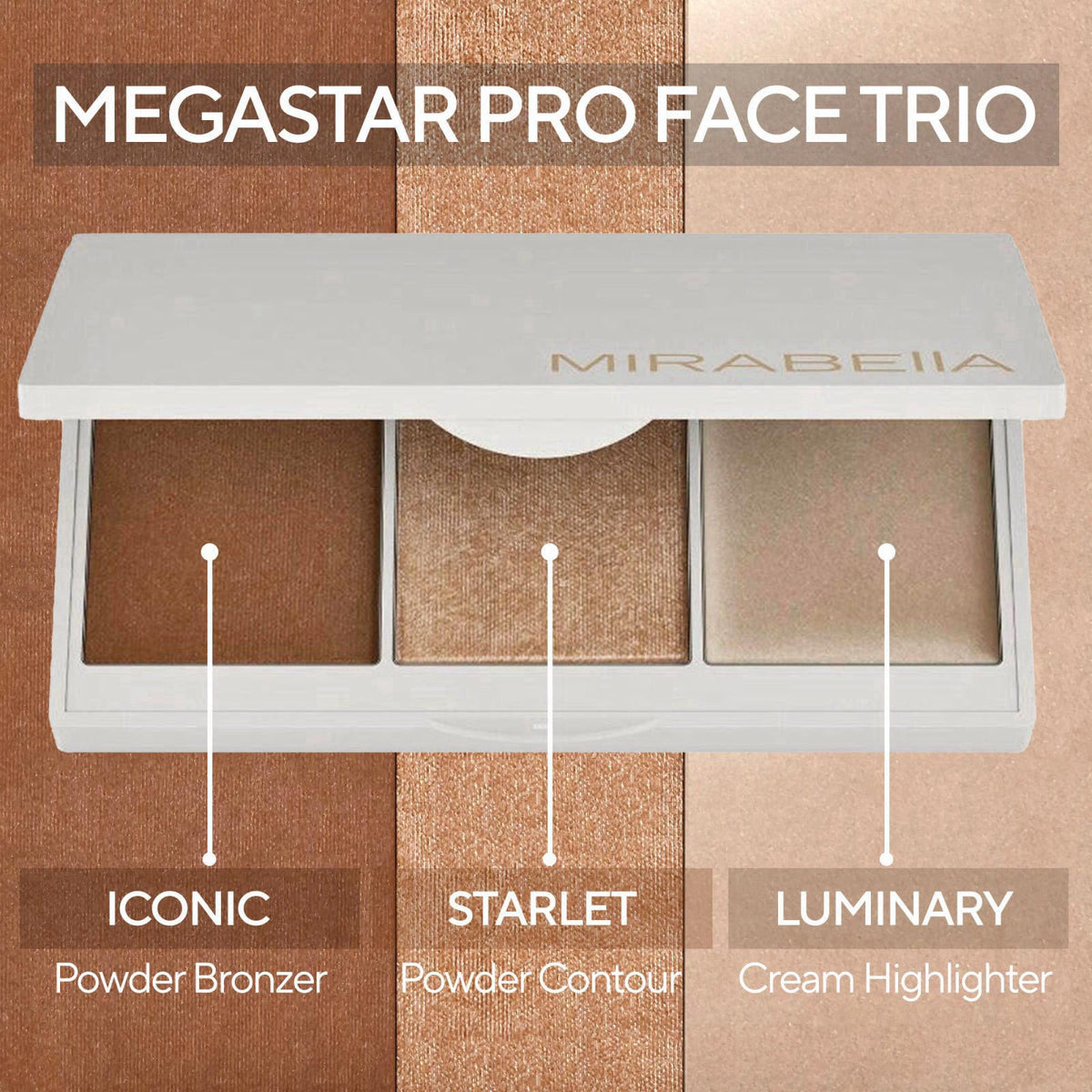 MIRABELLA - Megastar Pro Face Trio Powder Contour Palette with Bronzer, Cream Highlighter & Contour Powder, Lightweight 