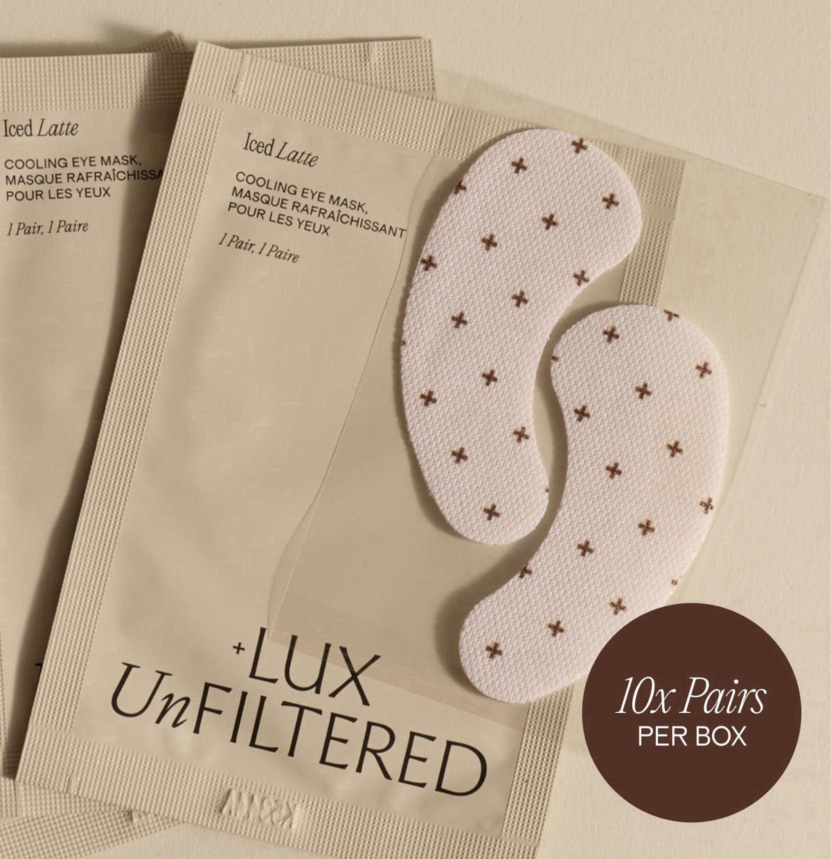 + Lux Unfiltered - Iced Latte Cooling Under Eye Patches - Eye Masks – back view and specifications