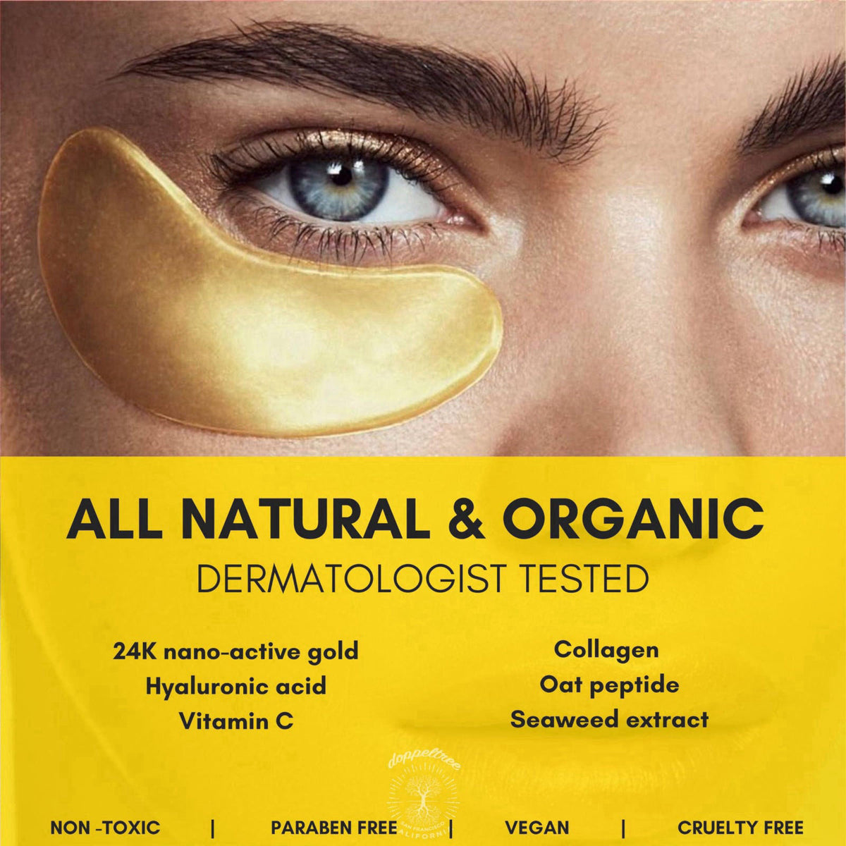 Doppeltree All Natural 24K Gold Under Eye Patches, Non-Toxic Dark Circles Treatment – close-up detail
