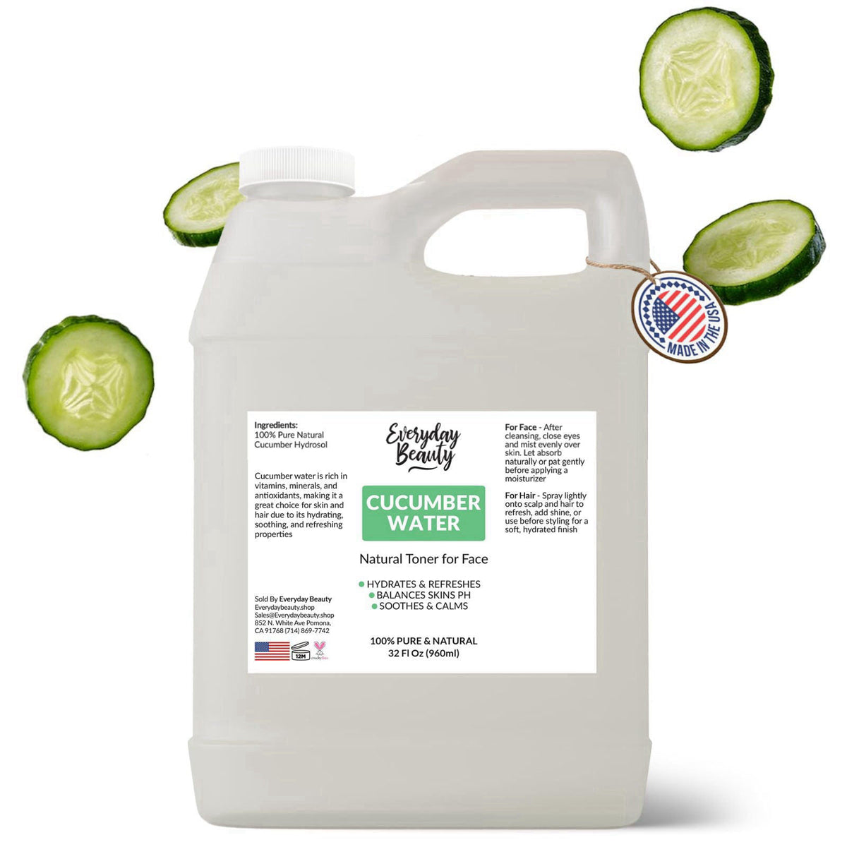 Everyday Beauty Helping You Feel Beautiful Inside And Out Cucumber Hydrosol Bulk - 32 oz All Natural Hydrating Spray Mis