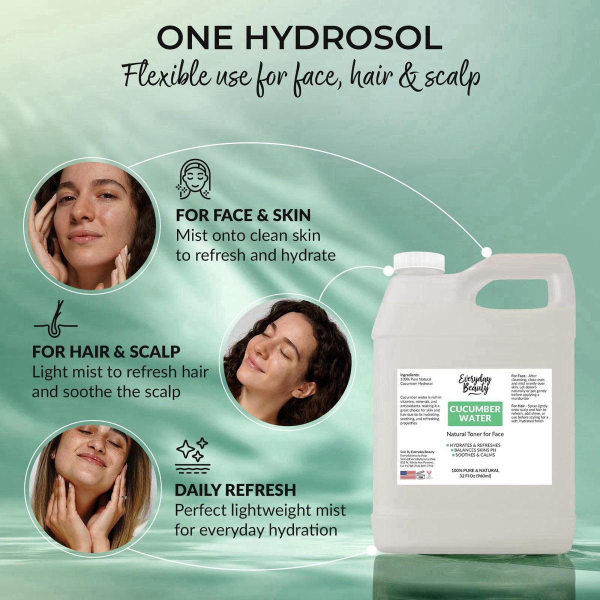 Everyday Beauty Helping You Feel Beautiful Inside And Out Cucumber Hydrosol Bulk - 32 oz All Natural Hydrating Spray Mis