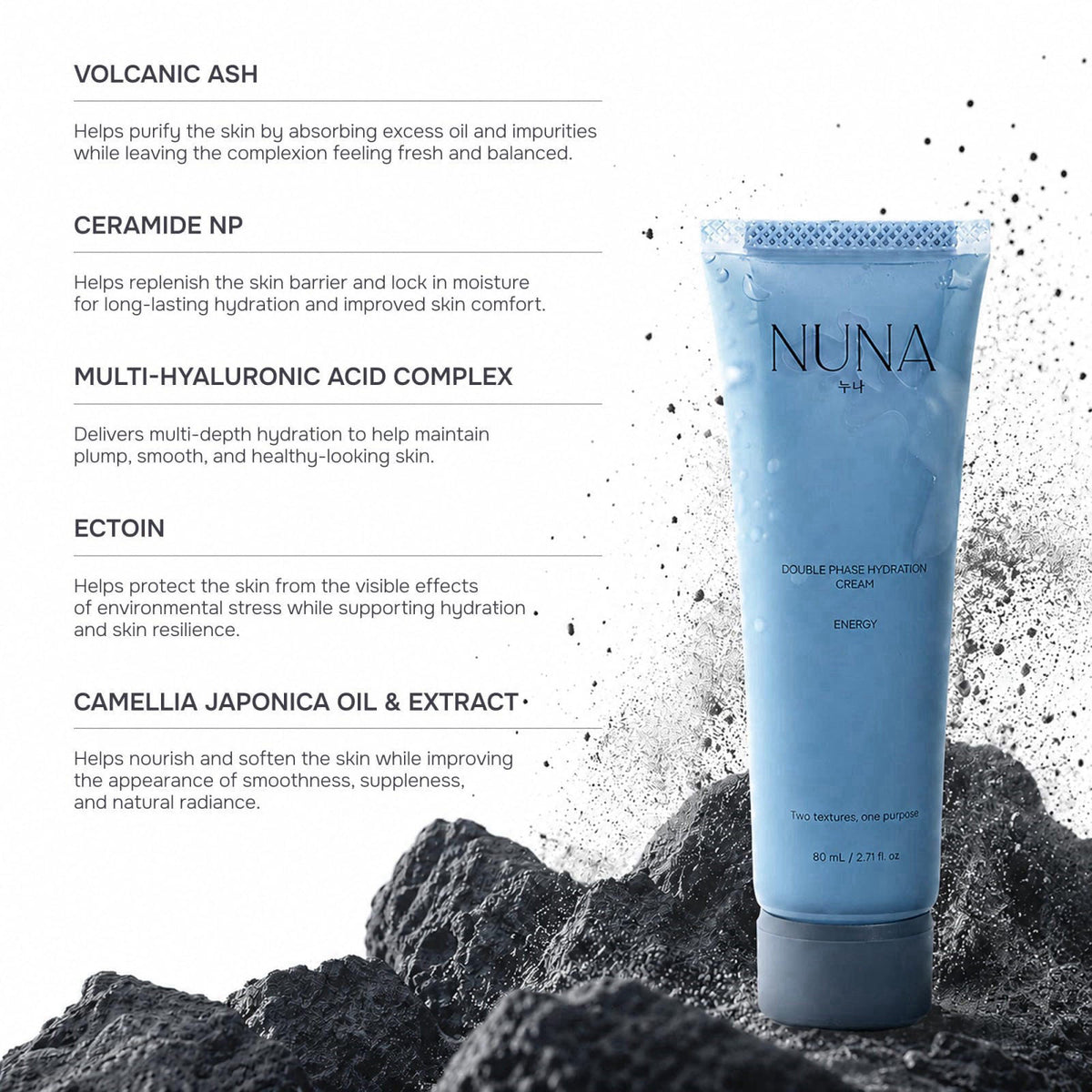 NUNA Double Phase Hydration Cream - Multi-Hyaluronic Acid, Ceramide NP, Camellia Japonica Oil & Extract, Ectoin, Madecas