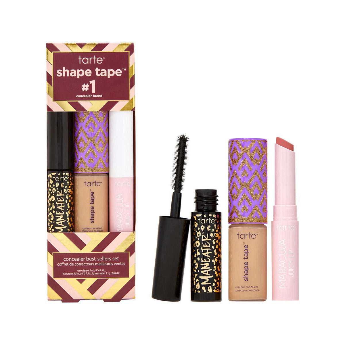 tarte shape tape best-sellers set – Shape Tape Concealer, Hydrating Lip Gloss Balm & Mascara for Curl, Volume & Length, 