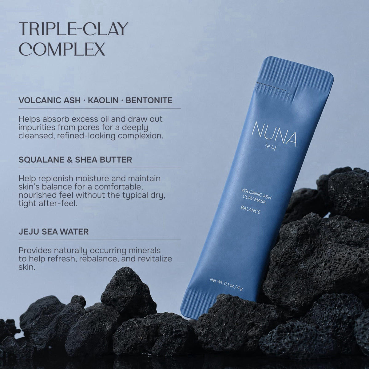 NUNA Volcanic Ash Clay Mask - Triple Clay Complex, Pearl Extract, Centella Asiatica, Squalane, Shea Butter, Hydrolyzed H