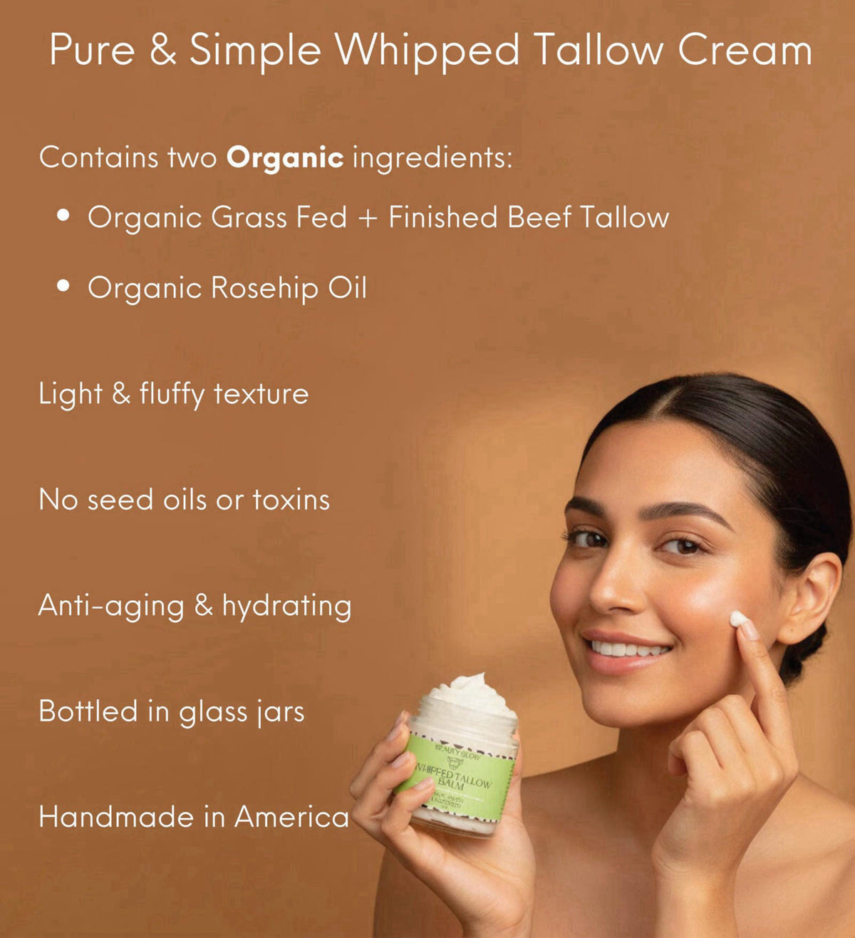 Beauty Glow Organic Whipped Beef Tallow + Rosehip Oil for Face & Body Moisturizer Cream Lotion Balm Natural Grass Fed an