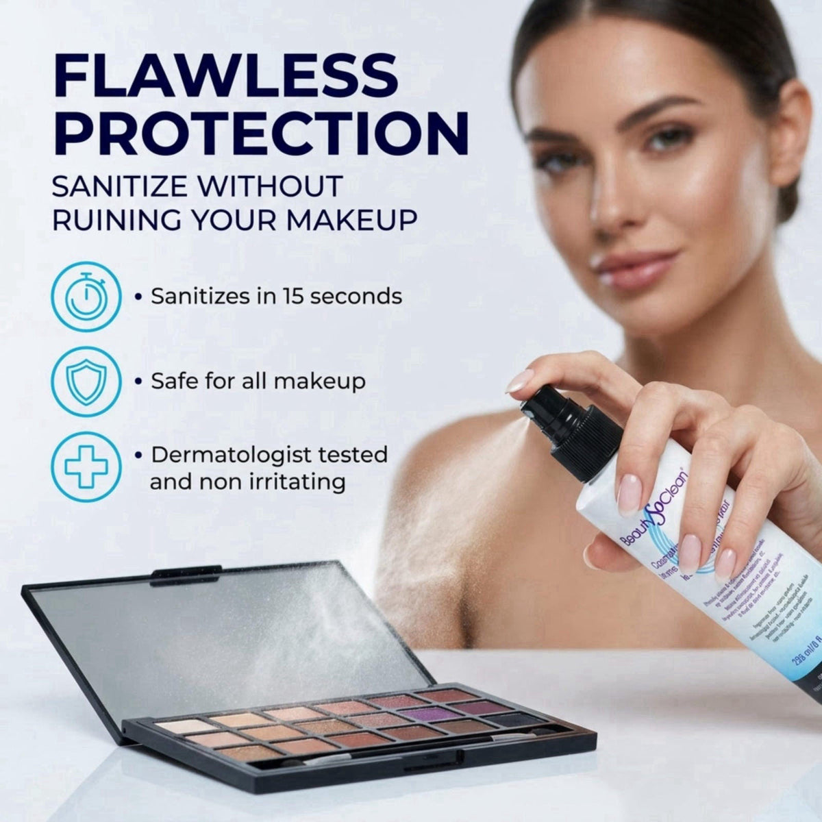 Beautysoclean Cosmetic Sanitizer Mist - (8.0 oz.) Makeup Sanitizing Spray for Powder-based Makeup Palettes & Pressed Cre