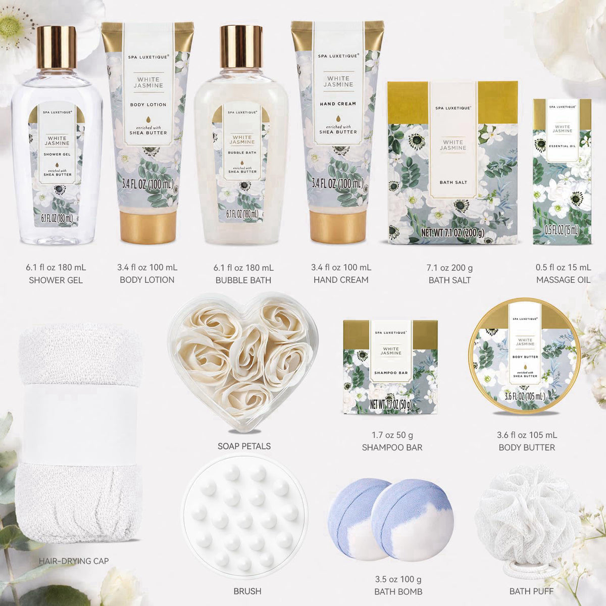 Spa Luxetique Gifts for Women 15pc White Jasmine Spa Gift Baskets Set – close-up detail