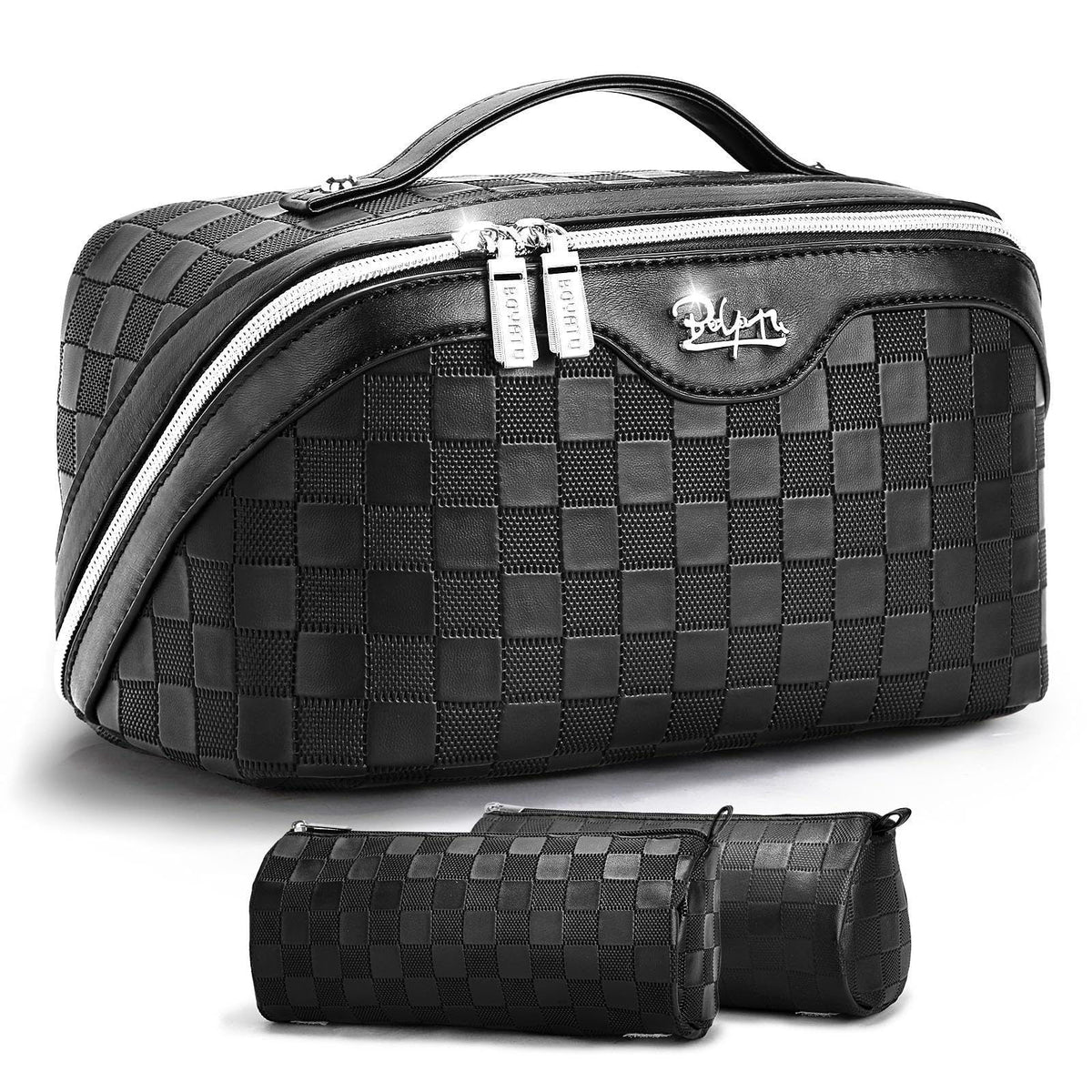 BOYATU Travel Makeup Bag Organizer: 3 Pcs Large Cosmetic Bags Set for Women – 01-Black, Leather, PVC Leather, Polyester