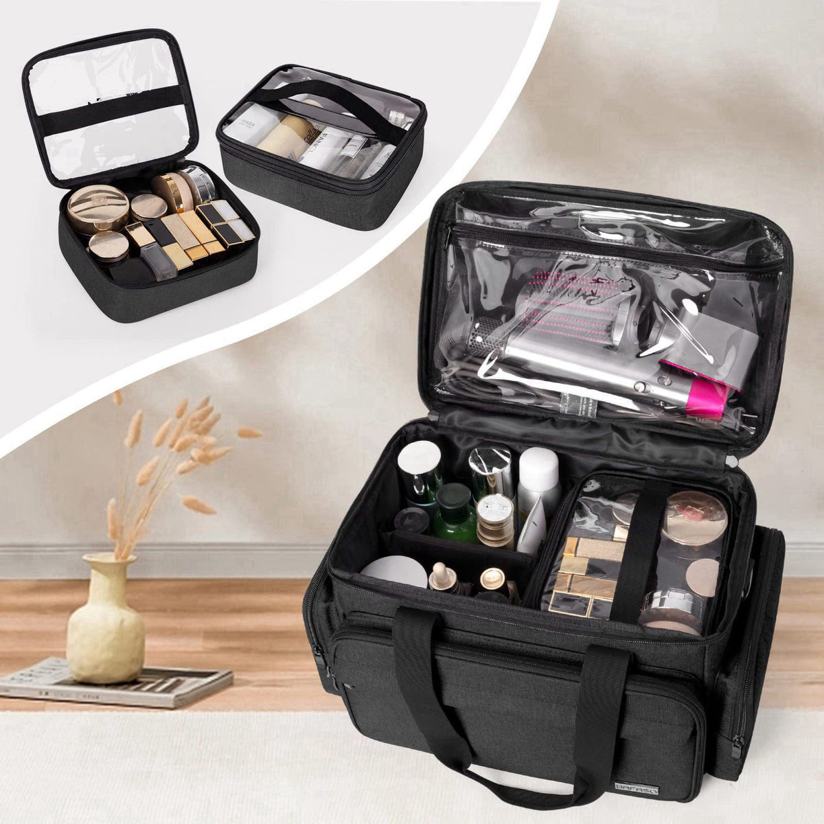 BAFASO Makeup Bag with 2 Removable Pouches and Detachable Dividers, Black – close-up detail in Black