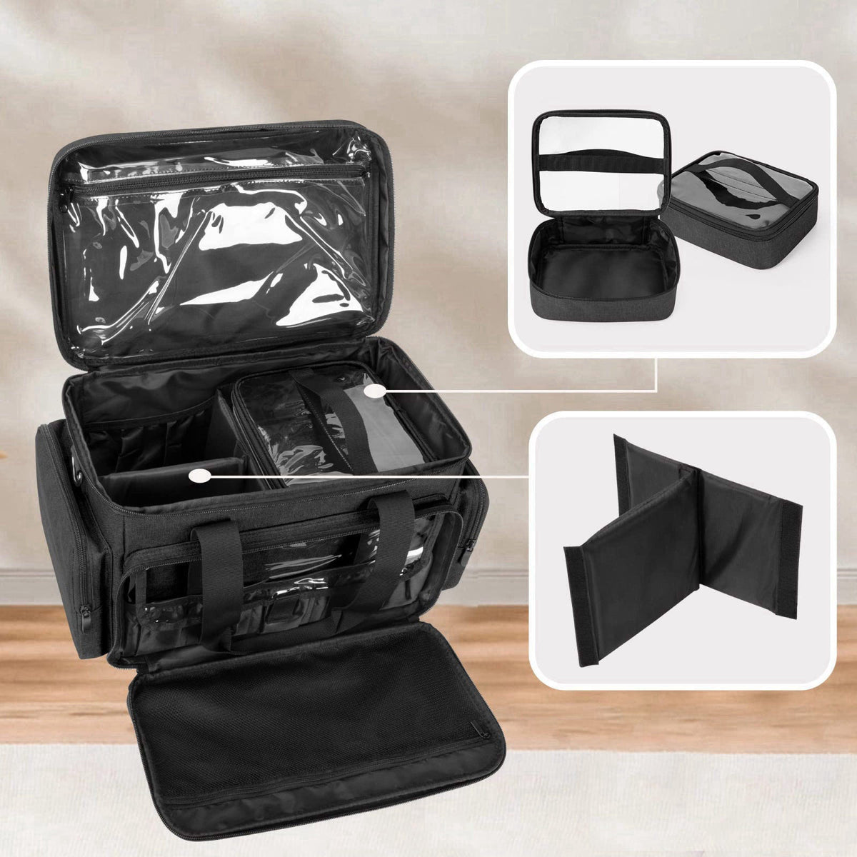 BAFASO Makeup Bag with 2 Removable Pouches and Detachable Dividers, Black – packaging and label