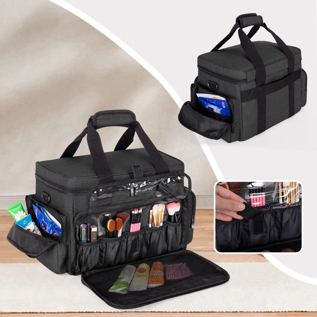 BAFASO Makeup Bag with 2 Removable Pouches and Detachable Dividers, Black – full view