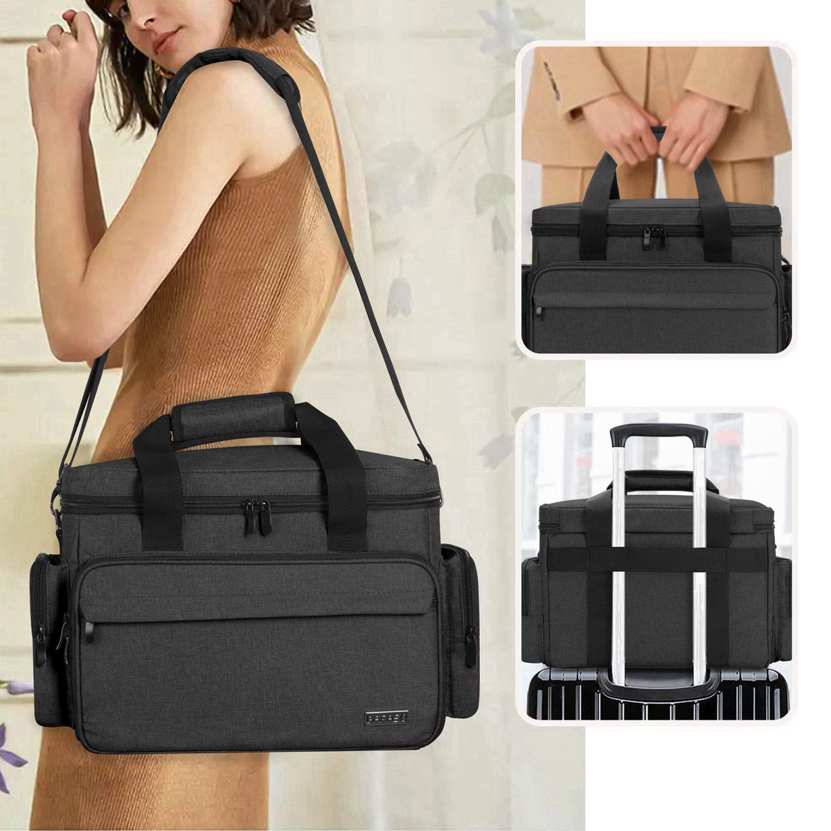 BAFASO Makeup Bag with 2 Removable Pouches and Detachable Dividers, Black – back view and specifications