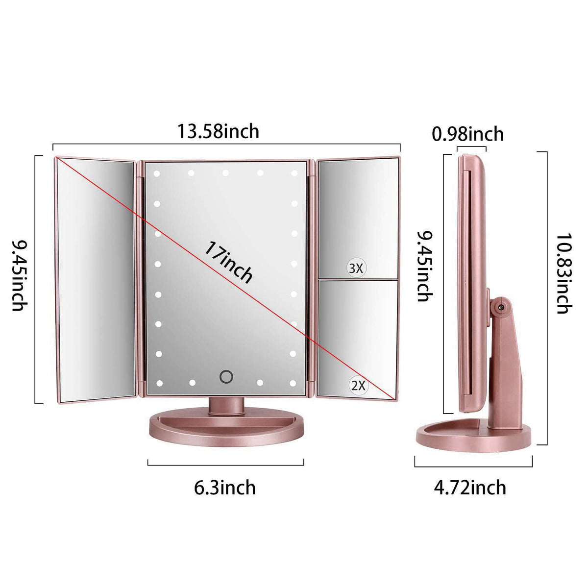 deweisn Dresser Mount Tri-Fold Lighted Vanity Mirror with 21 LED Lights, Touch Screen and 3X/2X/1X Magnification, Two Po