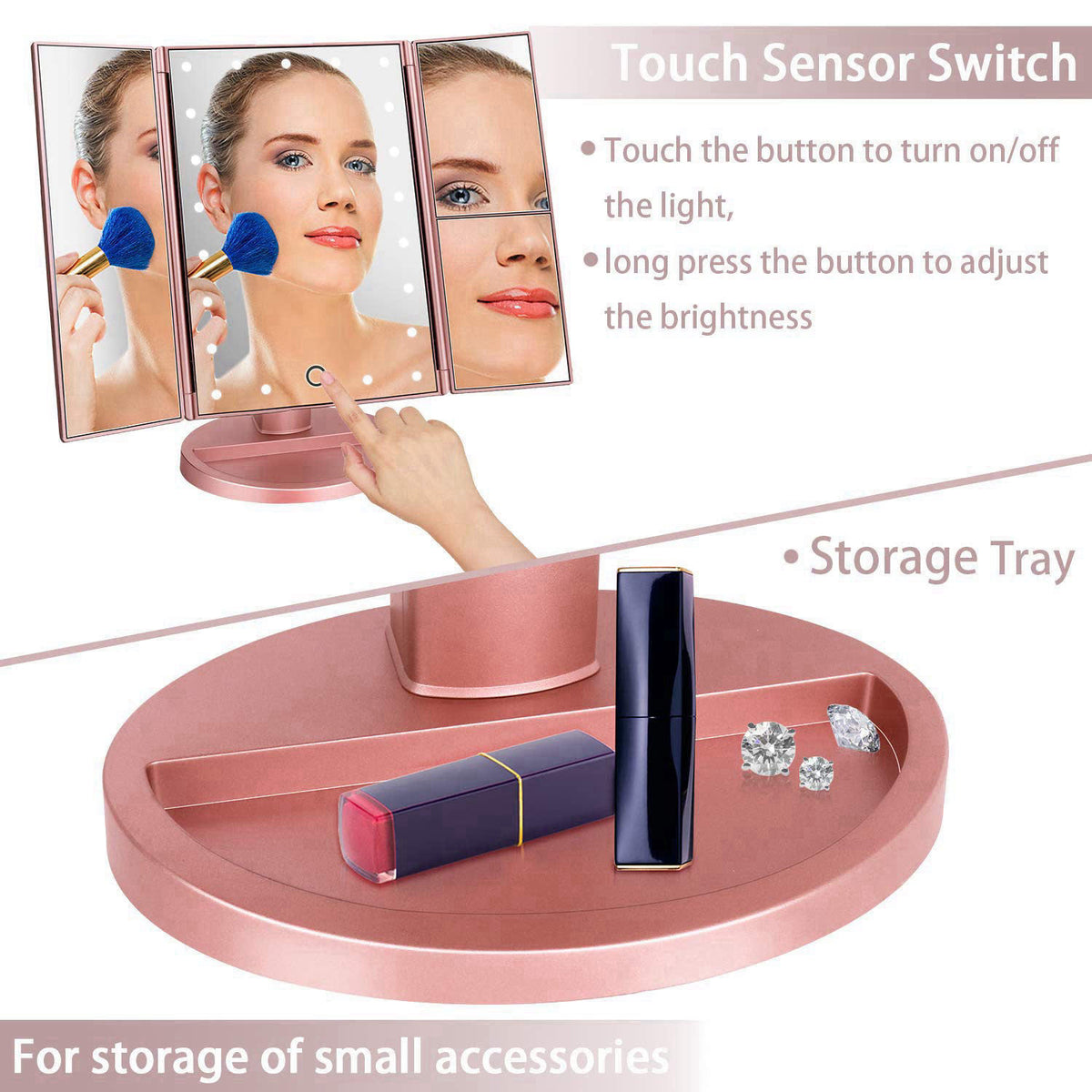 deweisn Dresser Mount Tri-Fold Lighted Vanity Mirror with 21 LED Lights, Touch Screen and 3X/2X/1X Magnification, Two Po