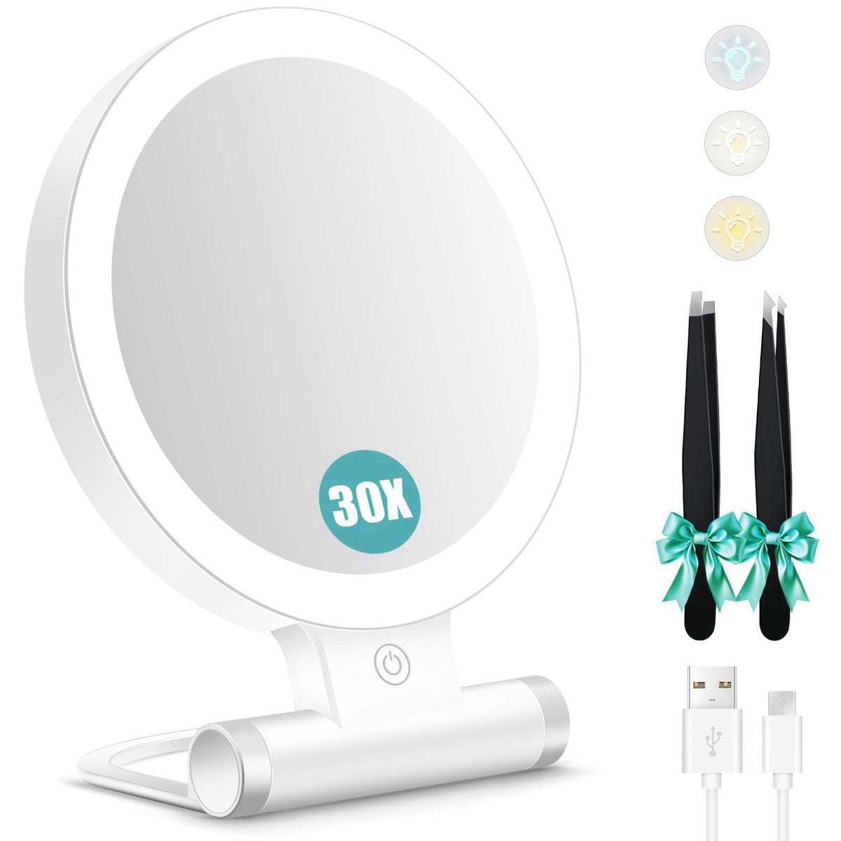 B Beauty Planet Magnifying Mirror with Light 30X, Double-Sided 1X/ 30X Magnifying Makeup Mirror with Tweezer, 2000mAh 3 