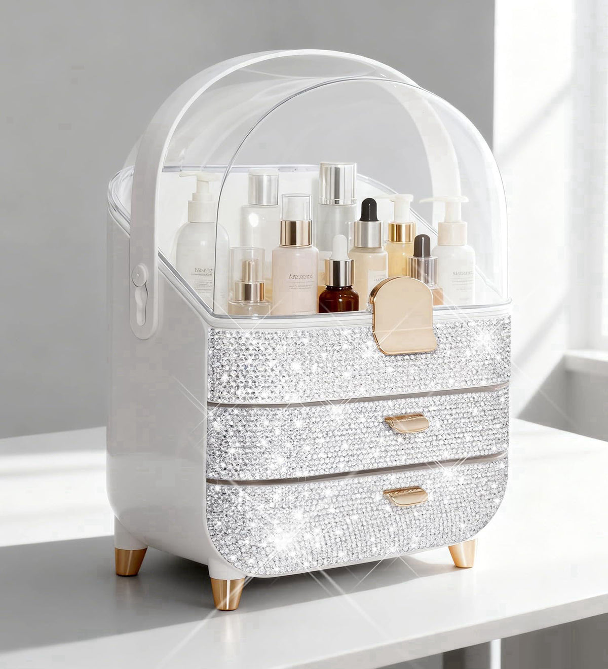 Svpolns Bling Makeup Organizer Countertop, Sparkle Skincare Holder Organizer with Glitter Rhinestones, Storage Box Cosme