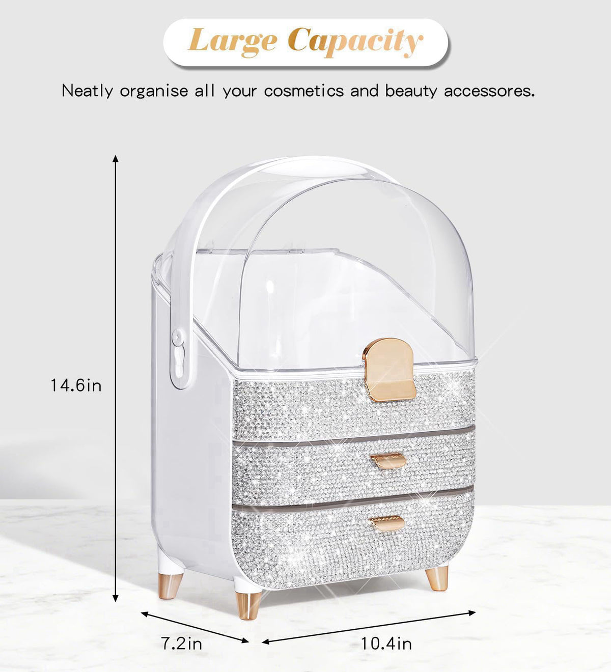 Svpolns Bling Makeup Organizer Countertop, Sparkle Skincare Holder Organizer with Glitter Rhinestones, Storage Box Cosme