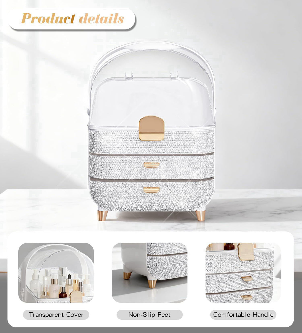 Svpolns Bling Makeup Organizer Countertop, Sparkle Skincare Holder Organizer with Glitter Rhinestones, Storage Box Cosme